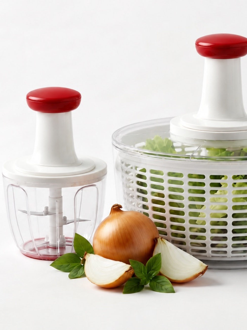 White and Red Manual Food Chopper and Salad Spinner Set - Unbranded